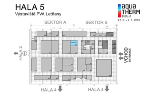 Půdorys haly č. 5 na výstavišti PVA Expo Praha, kde se nacházejí stánky vystavovatelů veletrhu AquaTherm 2018
